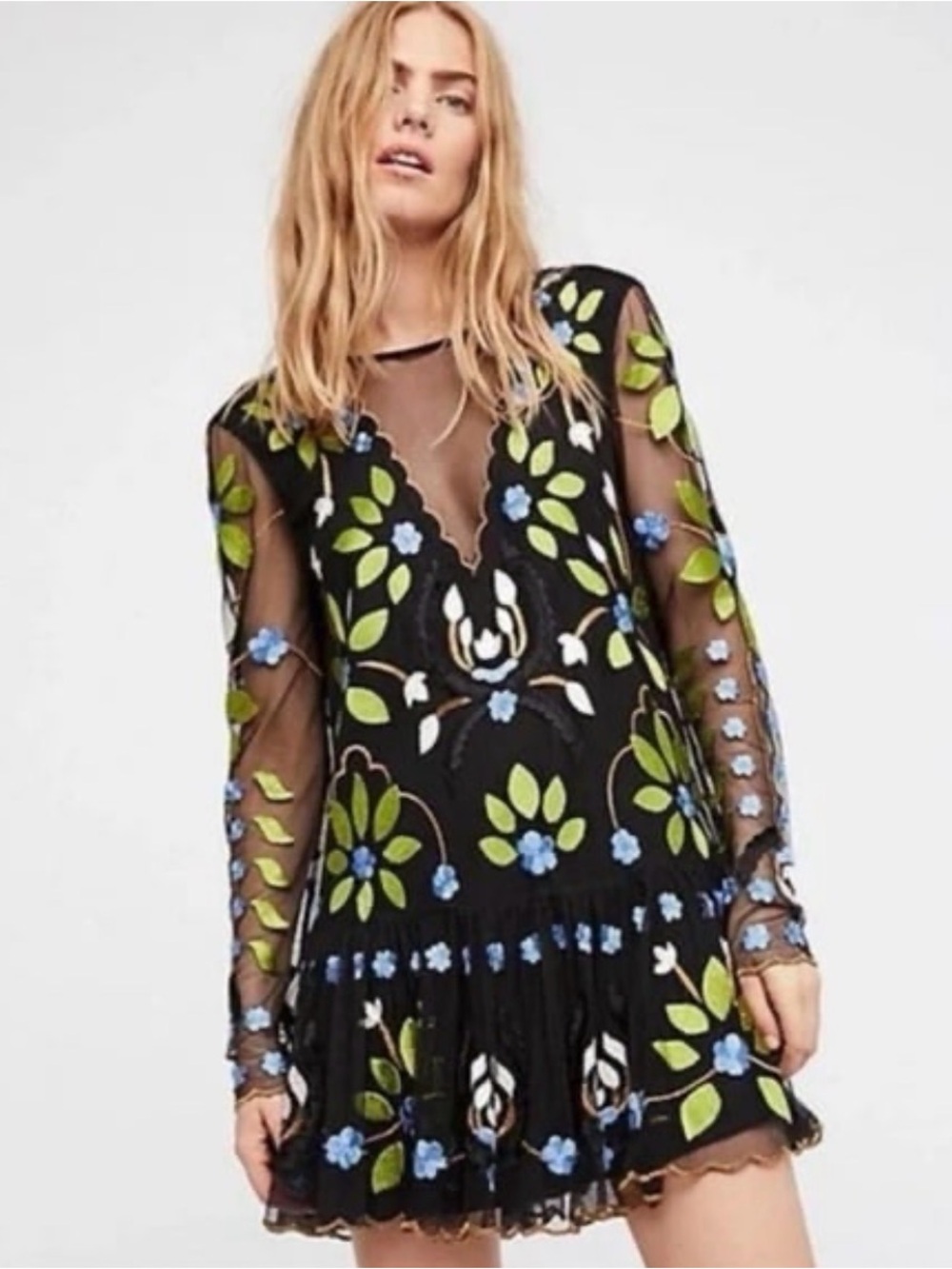 Women’s Black Embroidered Mesh Tunic with Blue & Green Floral Accents